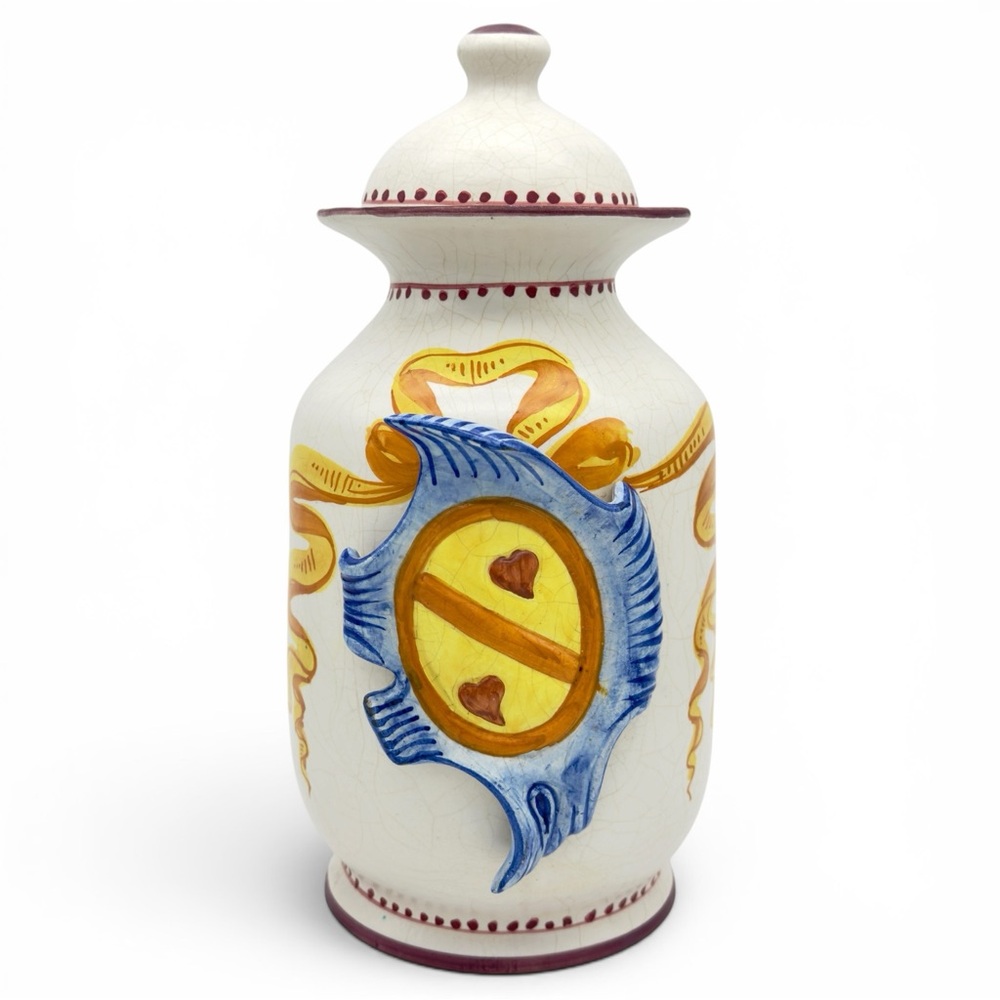 Vintage Bassano Italian Majolica Apothecary Jar Albarello Hand Painted Crest MCM